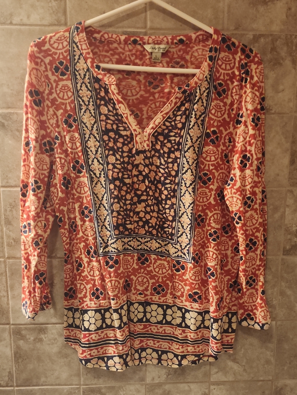 Lucky Brand Red Navy Cream Printed Tunic Top